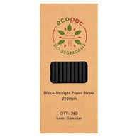 Ecopac 250 Black Straight Paper Straw 210mm x 6mm - Black